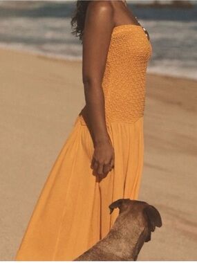Anthropologie Yellow Smocked Midi Dress Strapless Flowy Boho Summer Dress